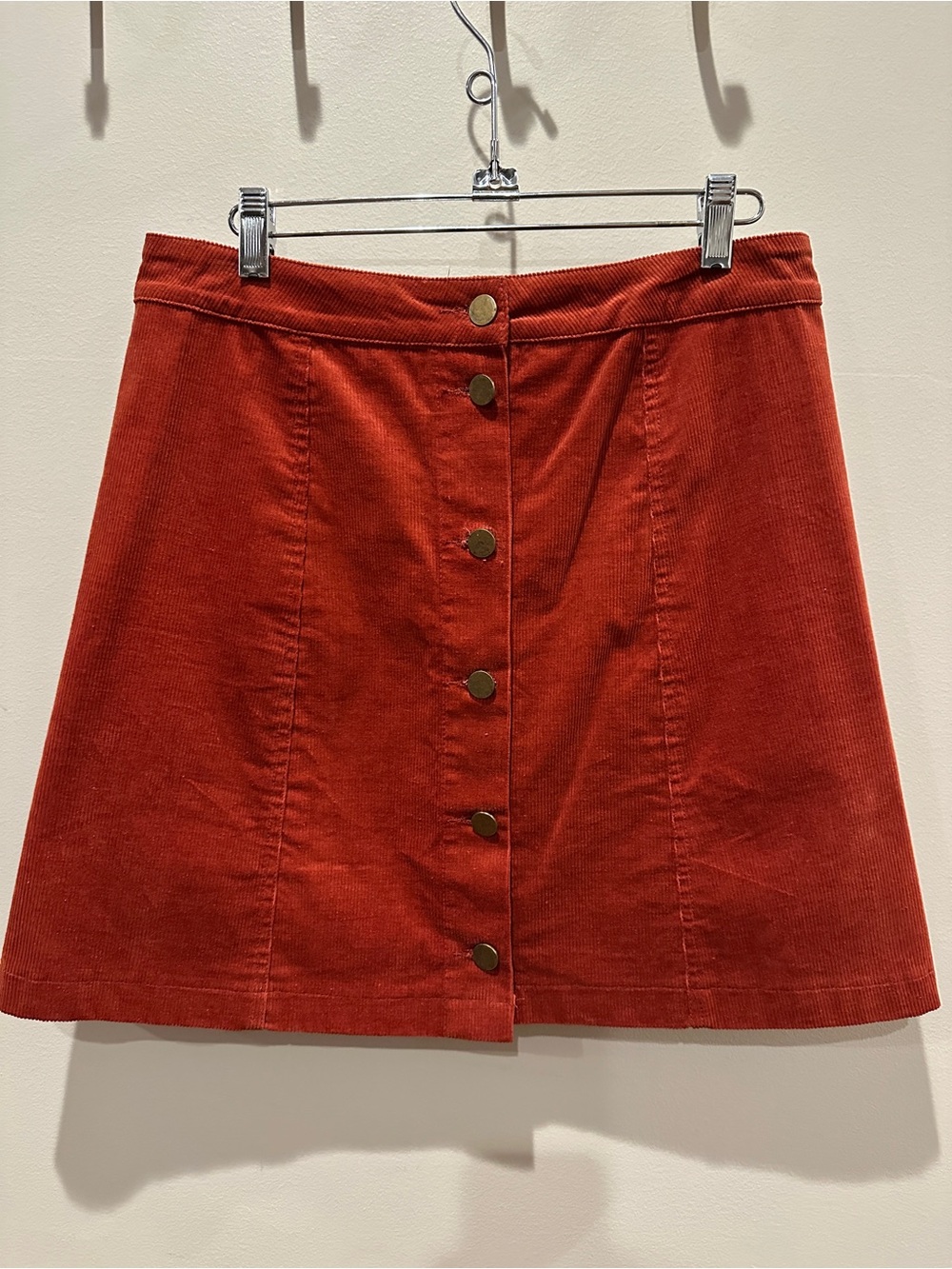 Button-Front A-Line Corduroy Skirt in Rust
